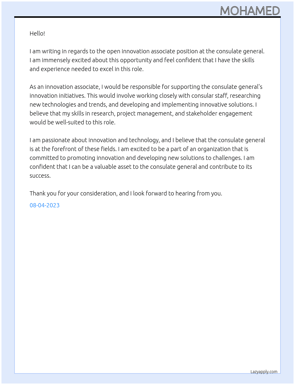 innovation associate At consulate general Cover Letter