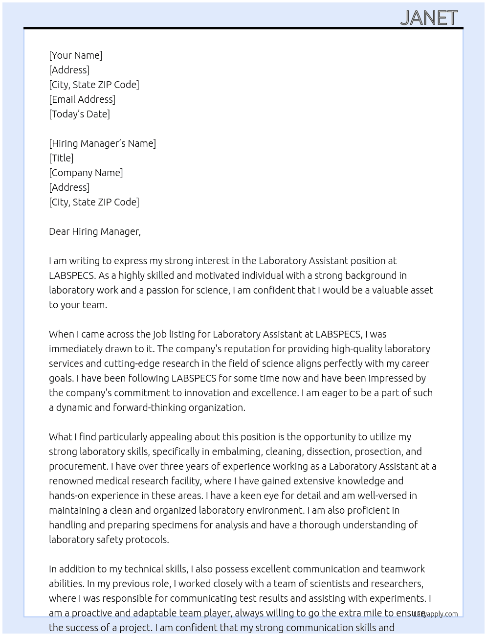 Laboratory Assistant At LABSPECS Cover Letter