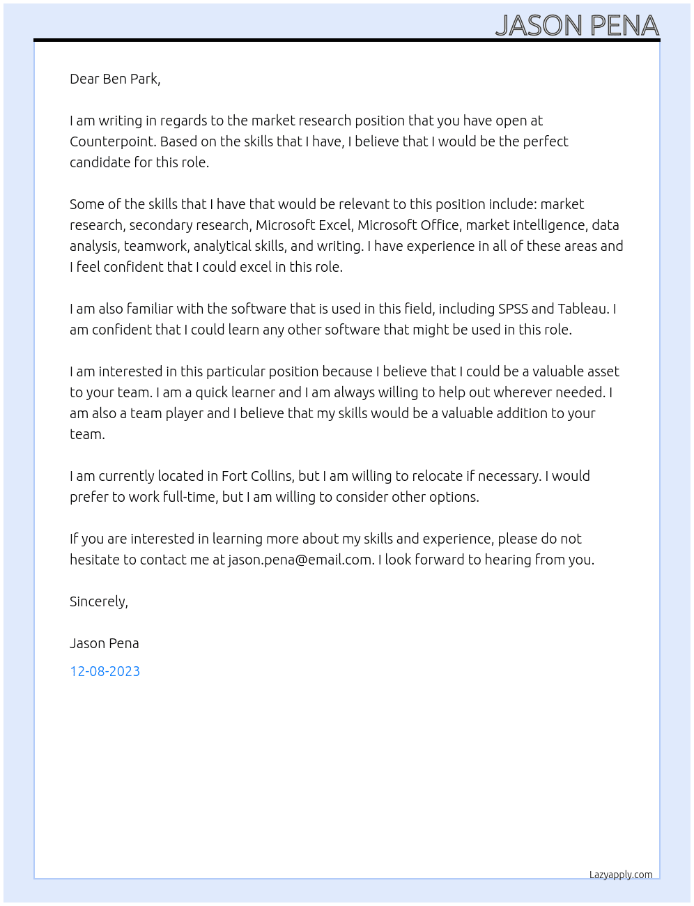market research At Counterpoint Cover Letter