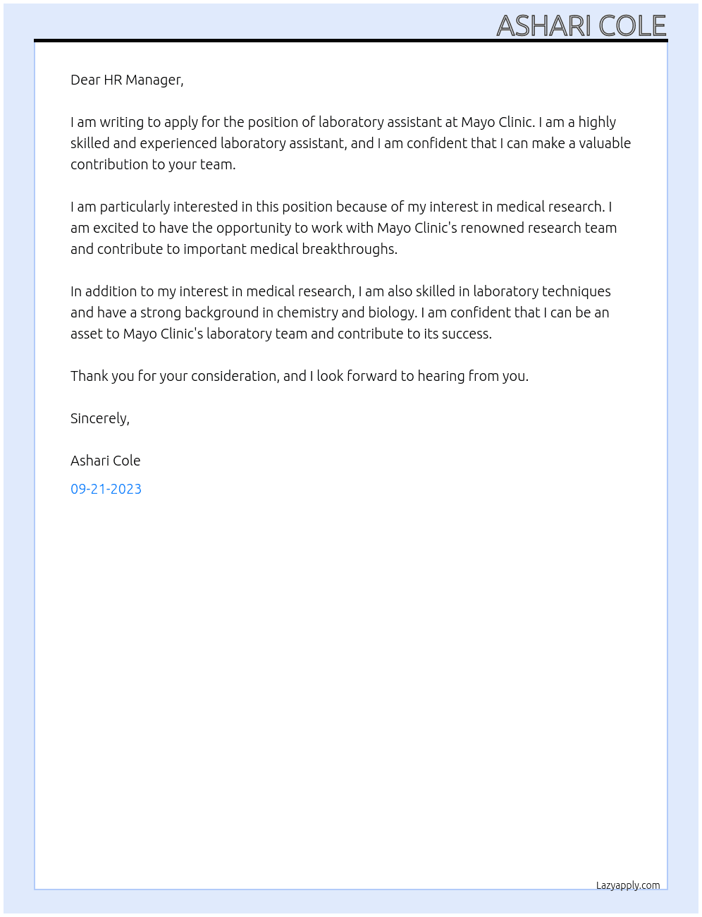 laboratory assistant At Mayo Clinic Cover Letter