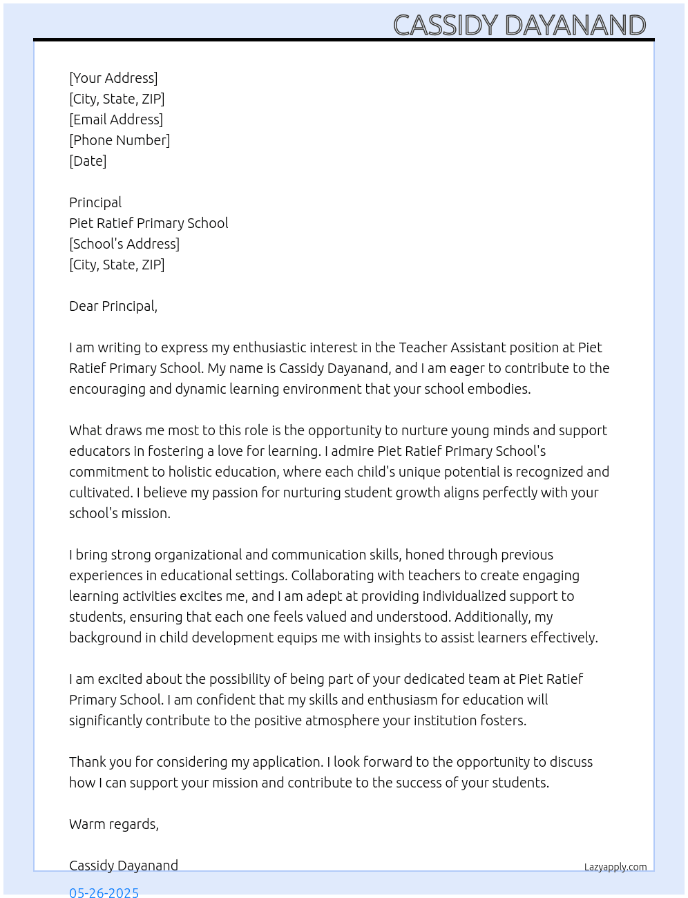 Teacher assistant  At Piet ratief primary school  Cover Letter