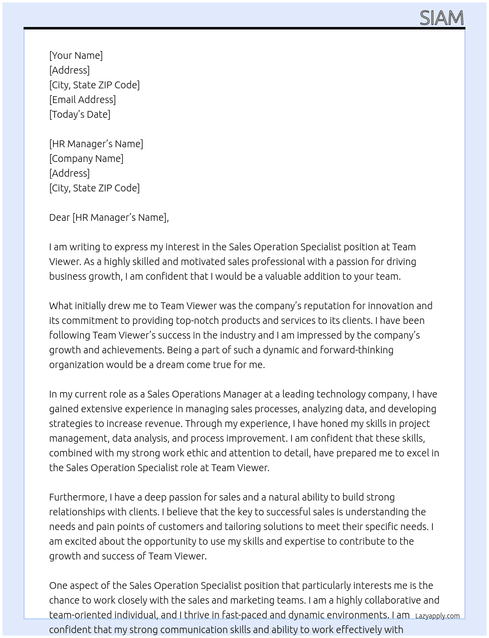 Sales Opearation Specialist At Team Viewer Cover Letter