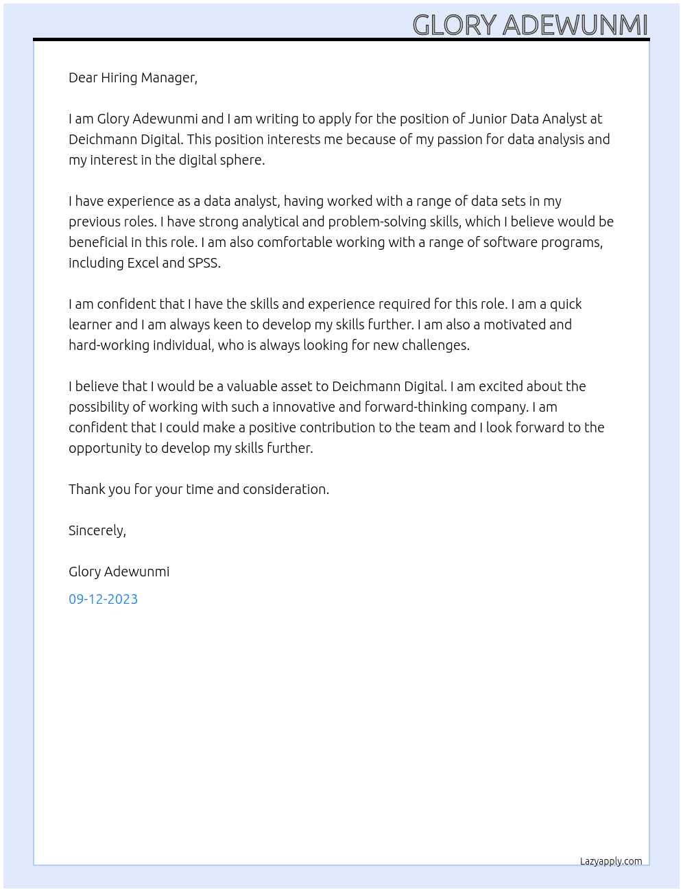Junior Data Analyst At Deichmann Digital  Cover Letter