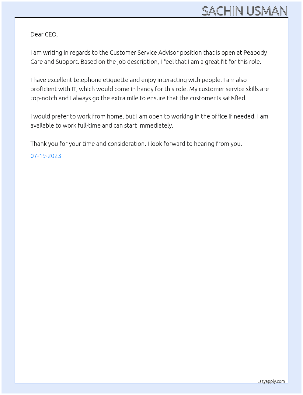 Customer Service Advisor At Peabody Care and Support Cover Letter