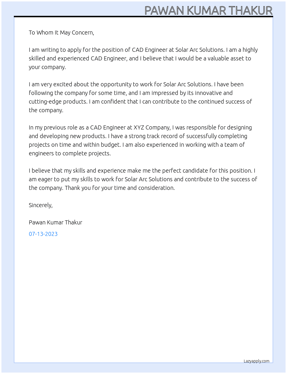 cad engineer At  solar arc solutions Cover Letter