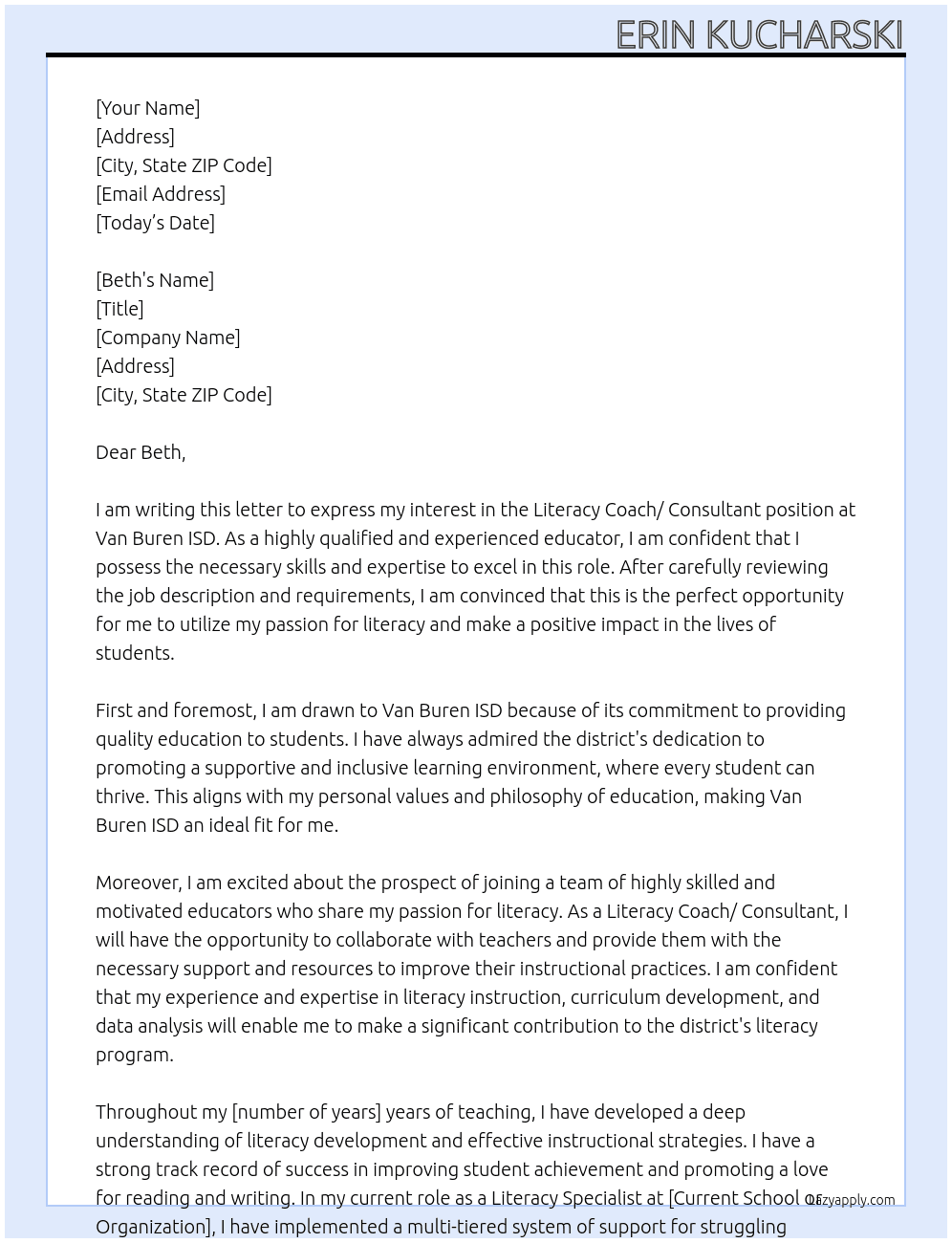 Literacy Coach/ Consultant At Van Buren ISD Cover Letter