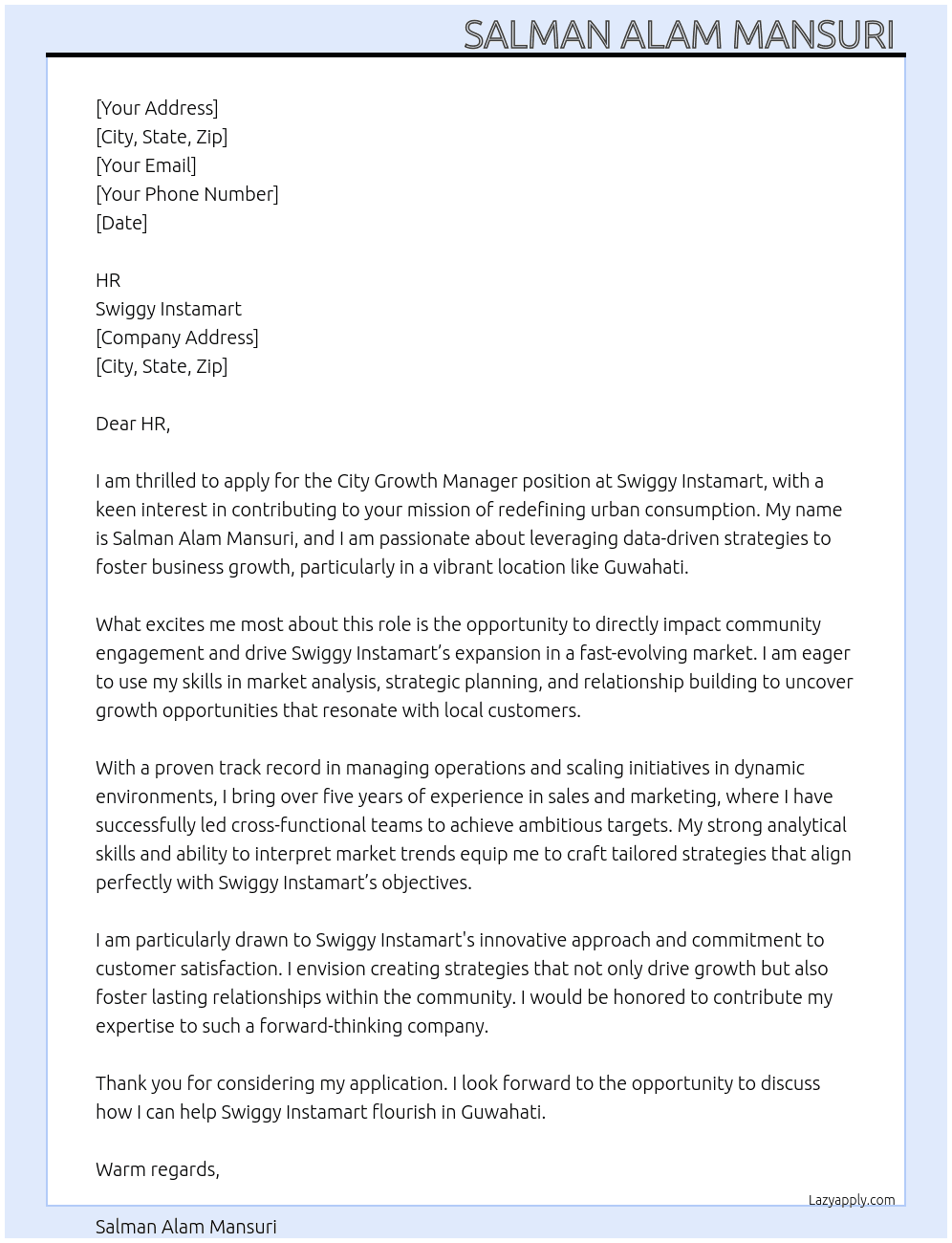 City growth manager  At Swiggy Instamart  Cover Letter