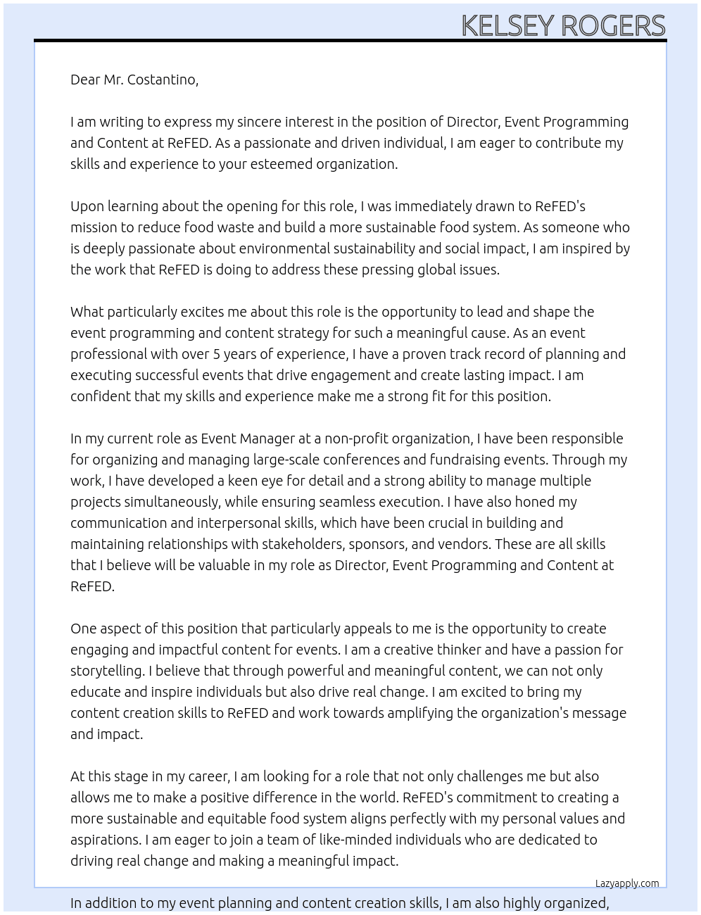 Director, Event Programming and Content At ReFED Cover Letter
