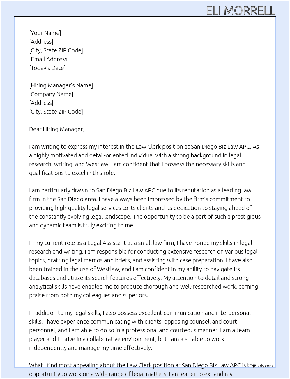 Law Clerk At San Diego Biz Law APC Cover Letter