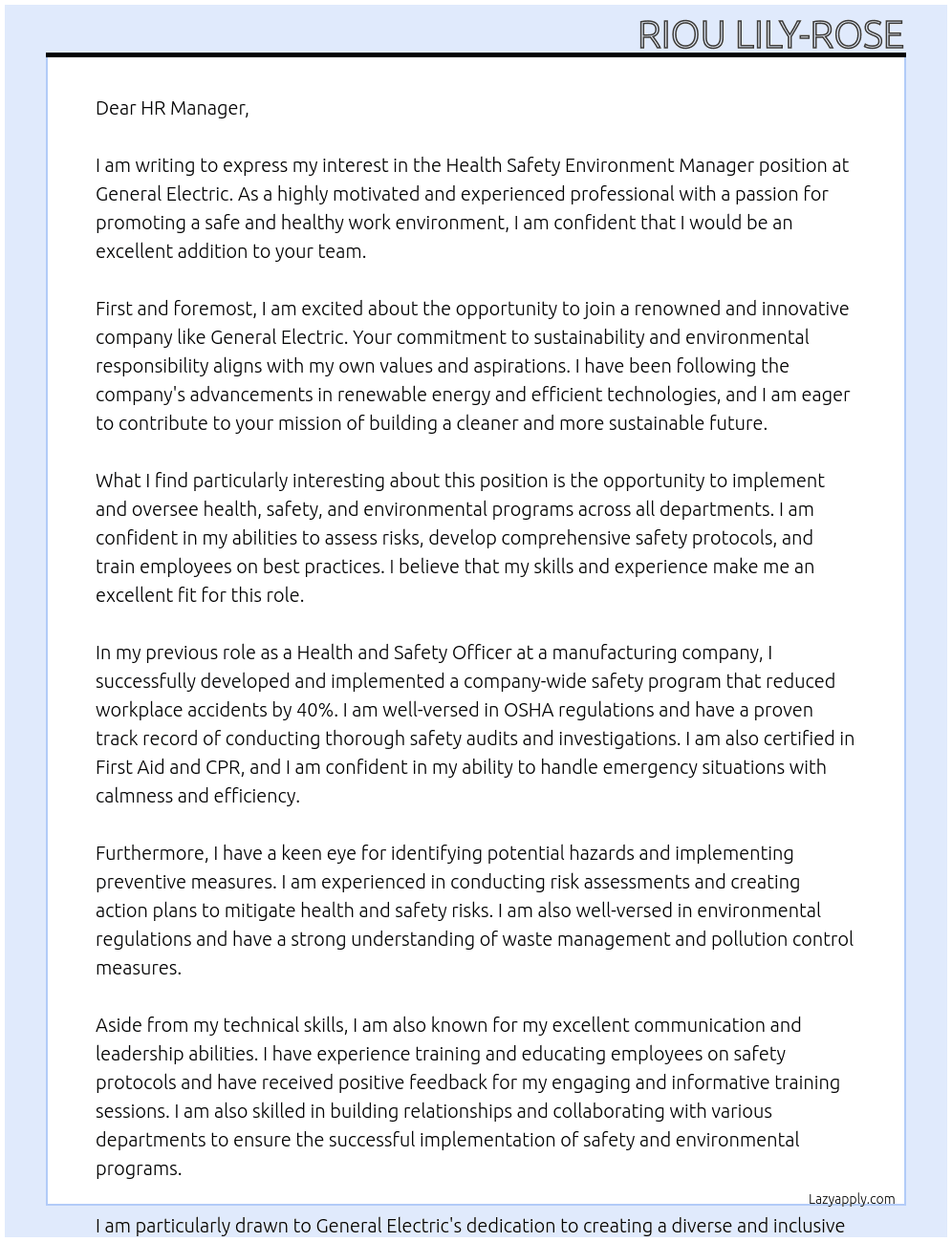 Health safety environnent  manager At General electric Cover Letter