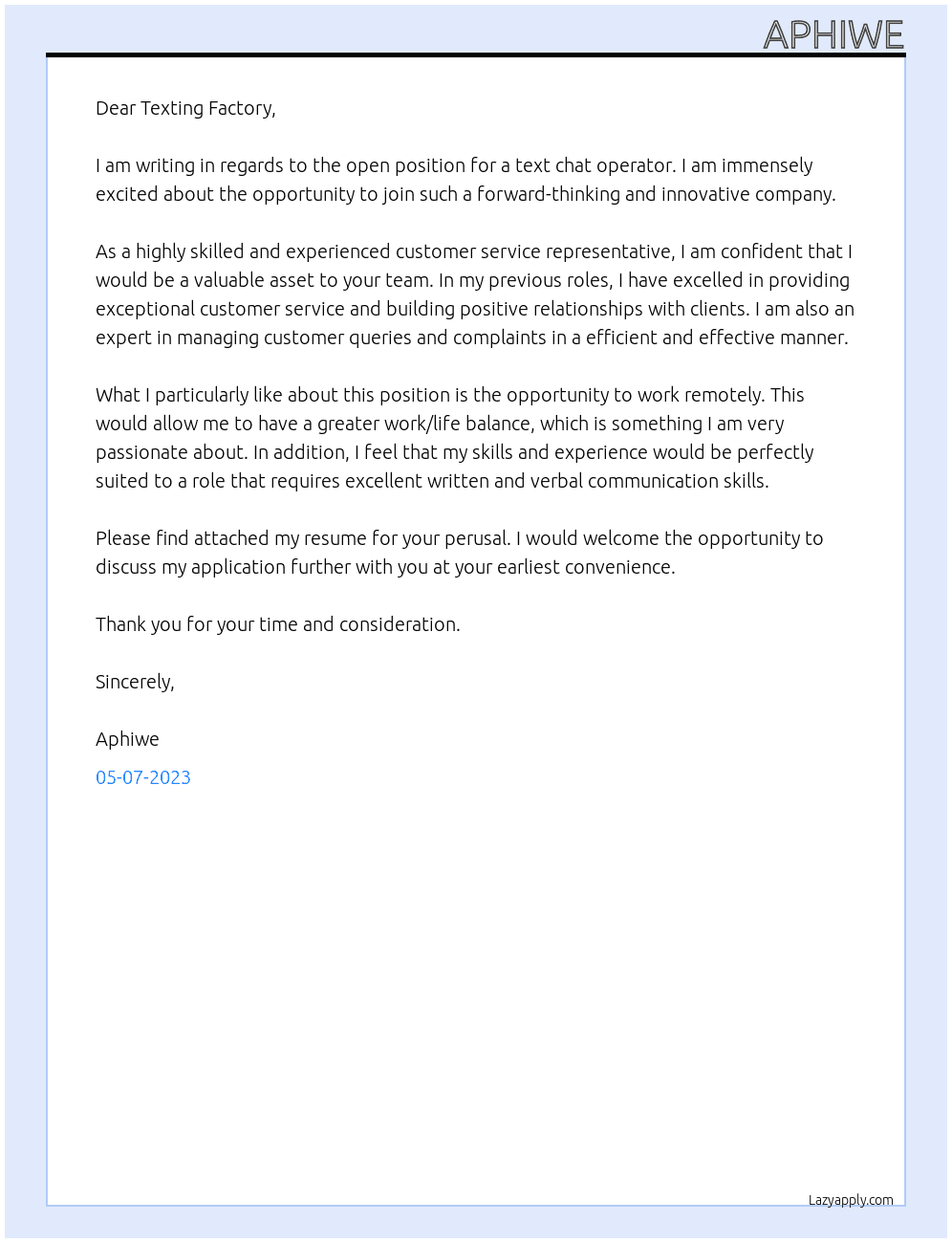 text chat operator At Texting Factory Cover Letter