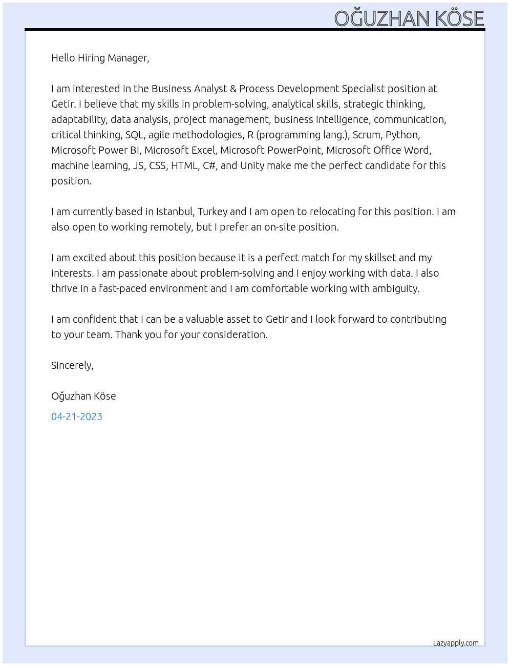 Business Analyst & Process Development Specialist At Getir Cover Letter