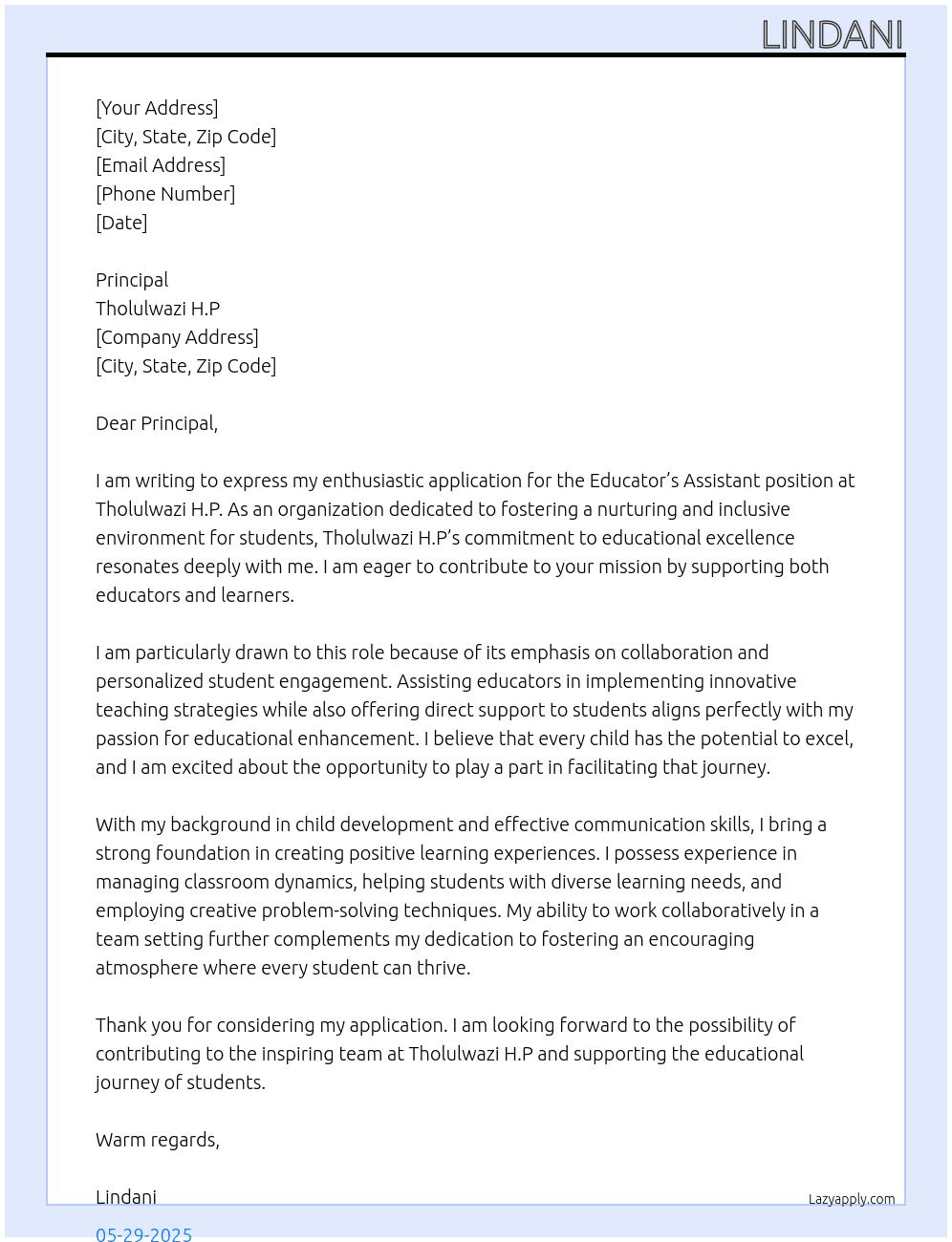 Educators assistant At Tholulwazi H.P Cover Letter