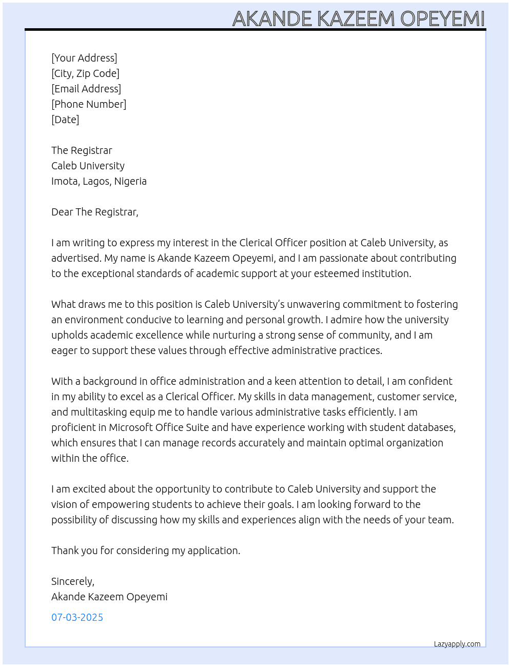 Clerical Officer At Caleb University Cover Letter