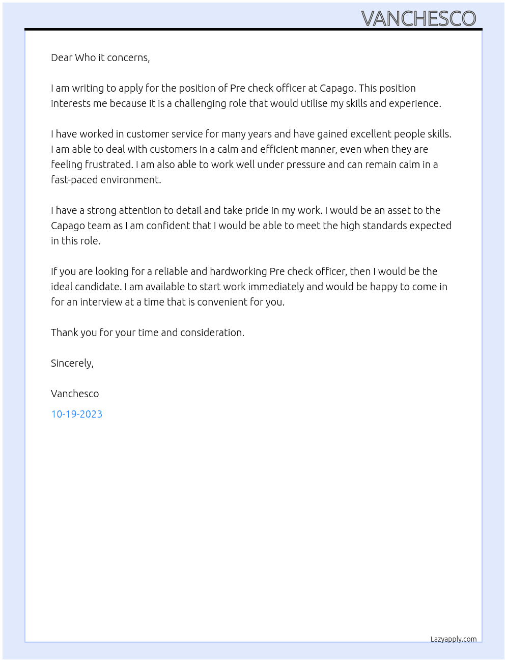 Pre check officer  At Capago Cover Letter