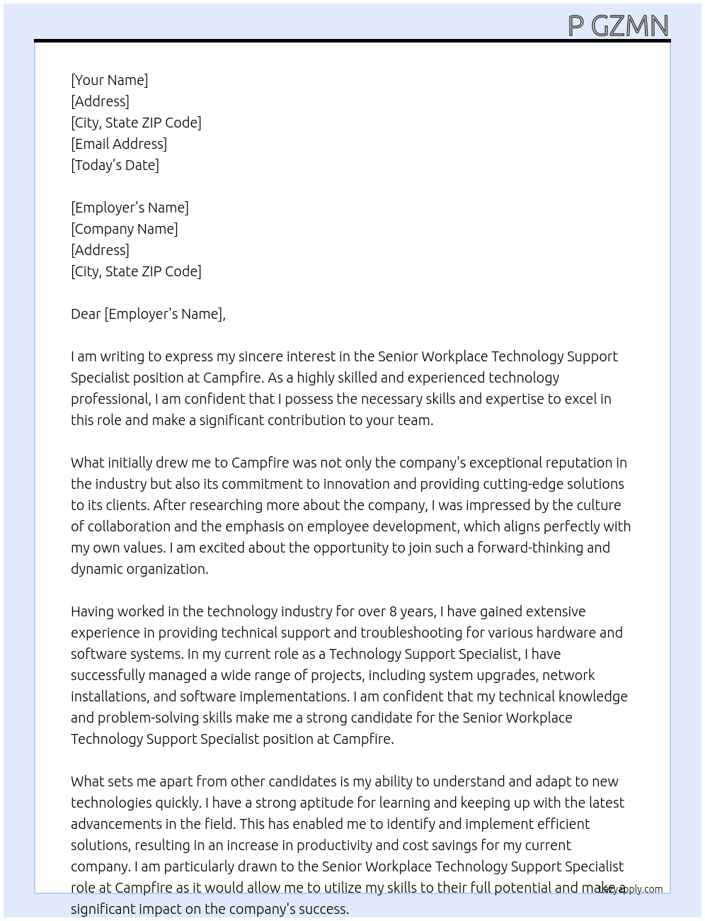 Senior Workplace Technology Support Specialist At Campfire Cover Letter