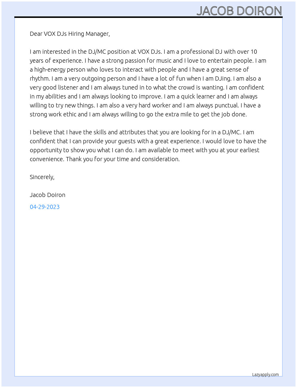  DJ/MC At VOX DJs Cover Letter