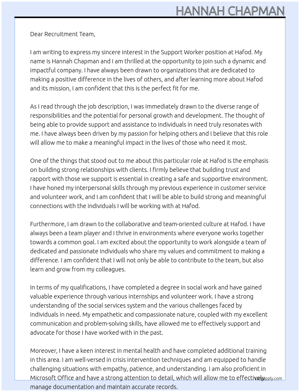 Support Worker At Hafod Cover Letter
