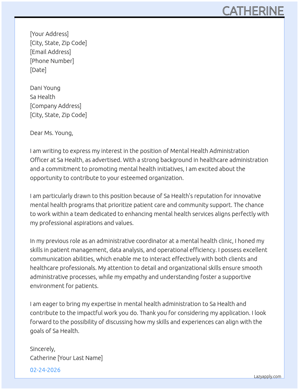 Mental health administration officer At Sa Health Cover Letter