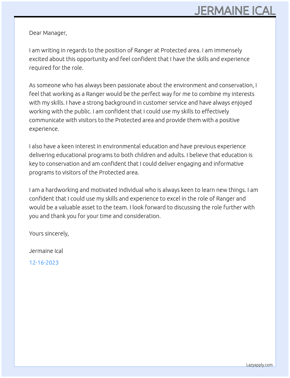 Ranger  At Protected area  Cover Letter