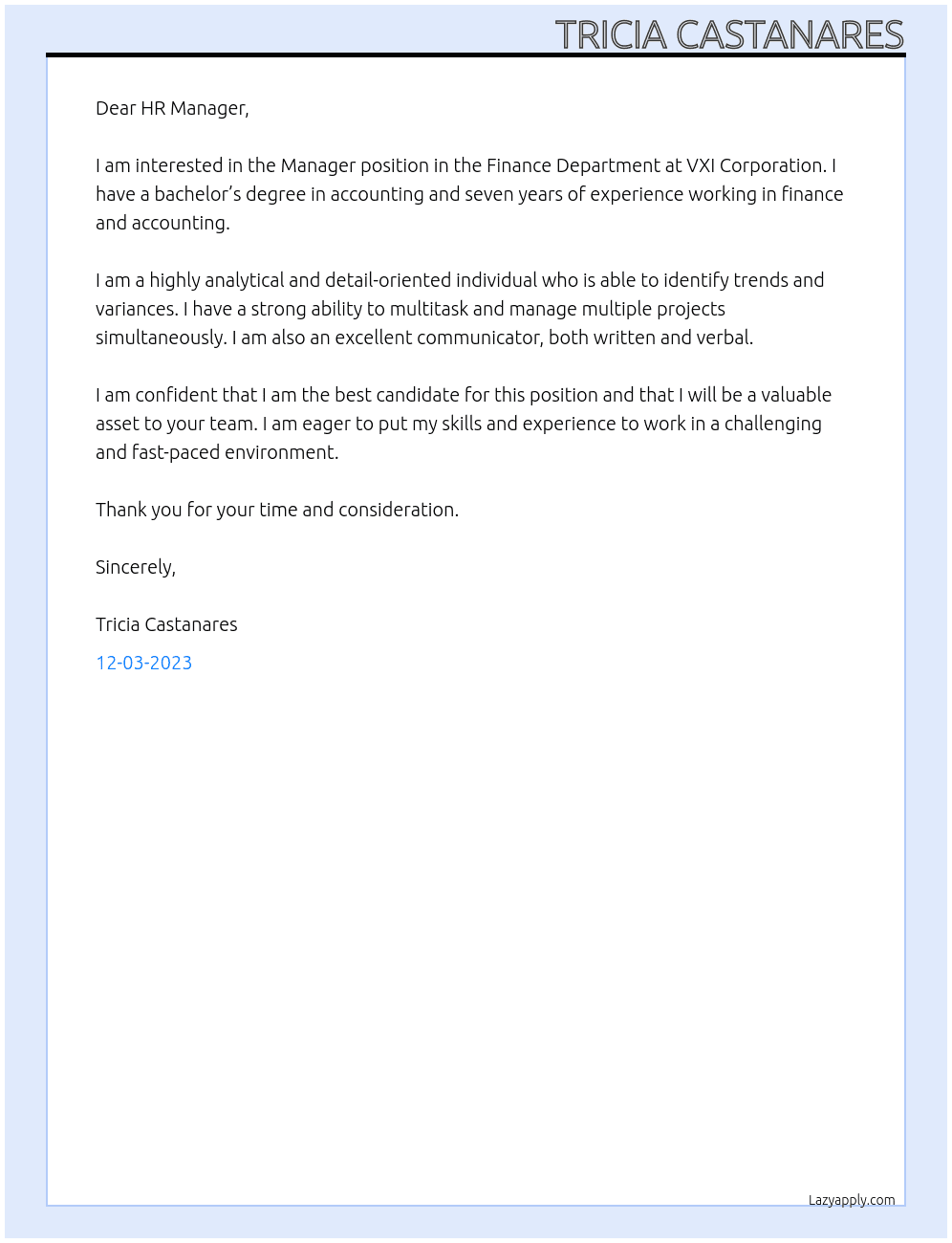 Manager in Finance Department  At VXI Corporation  Cover Letter