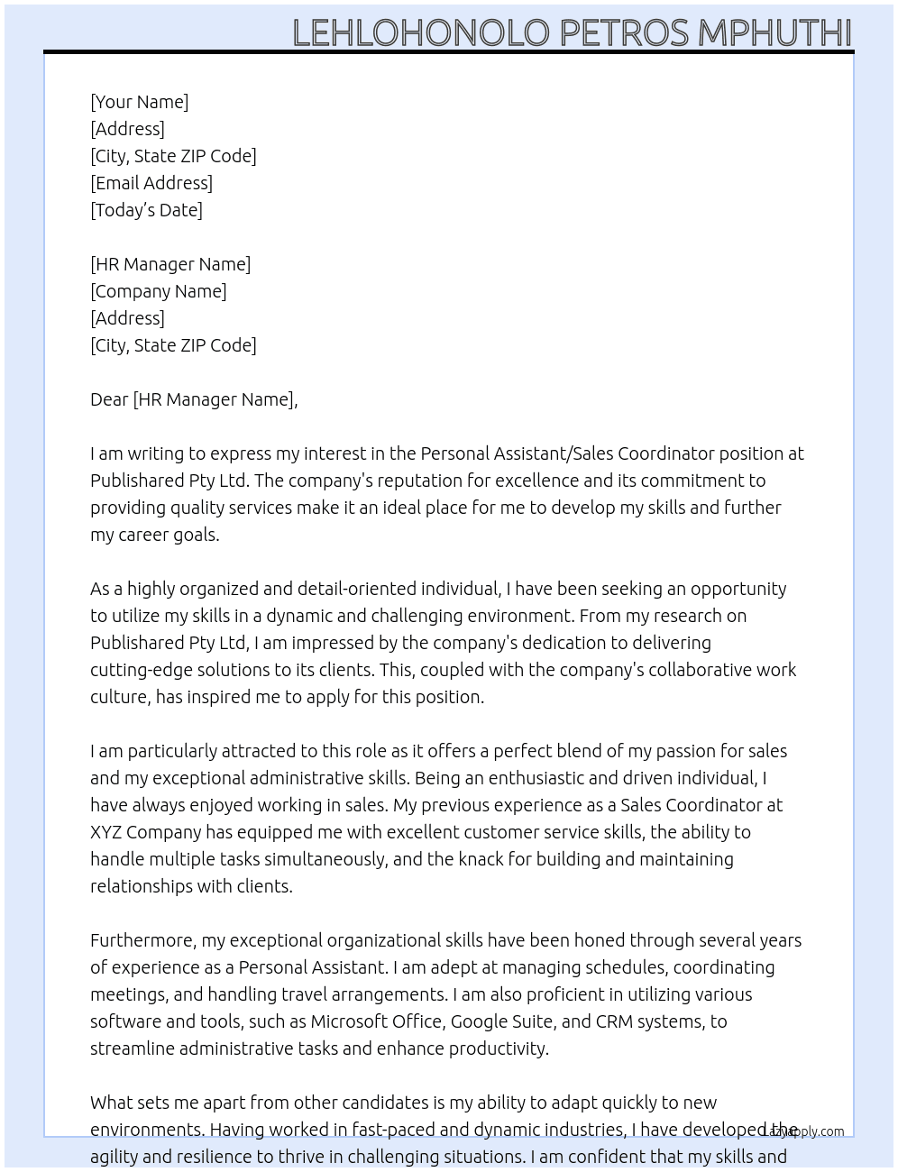 Personal Assistant/Sales Coordinator At Publishared Pty Ltd  Cover Letter