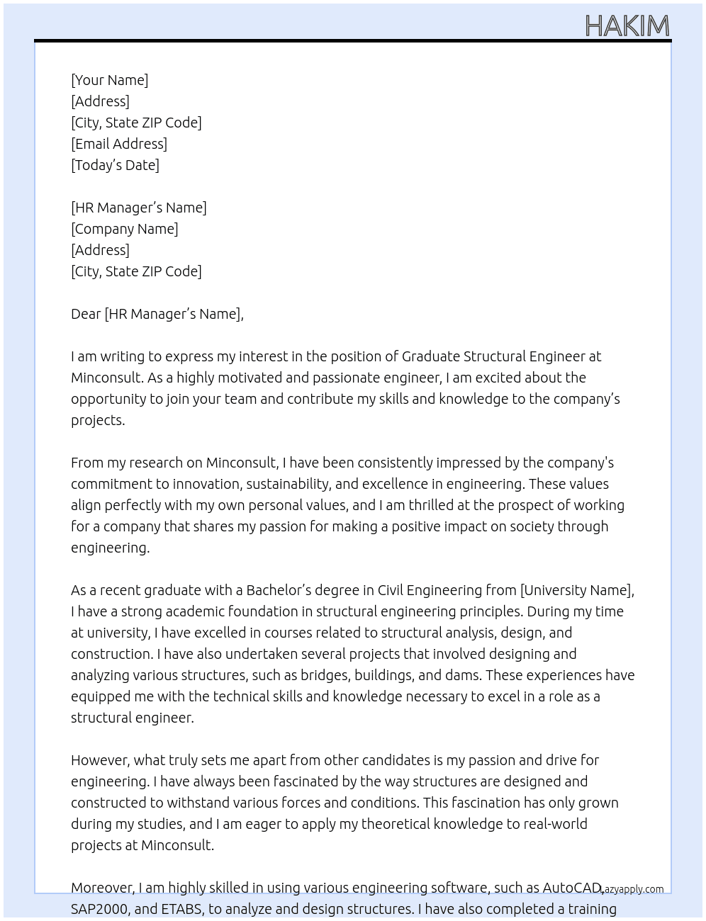 graduate structural engineer At Minconsult Cover Letter