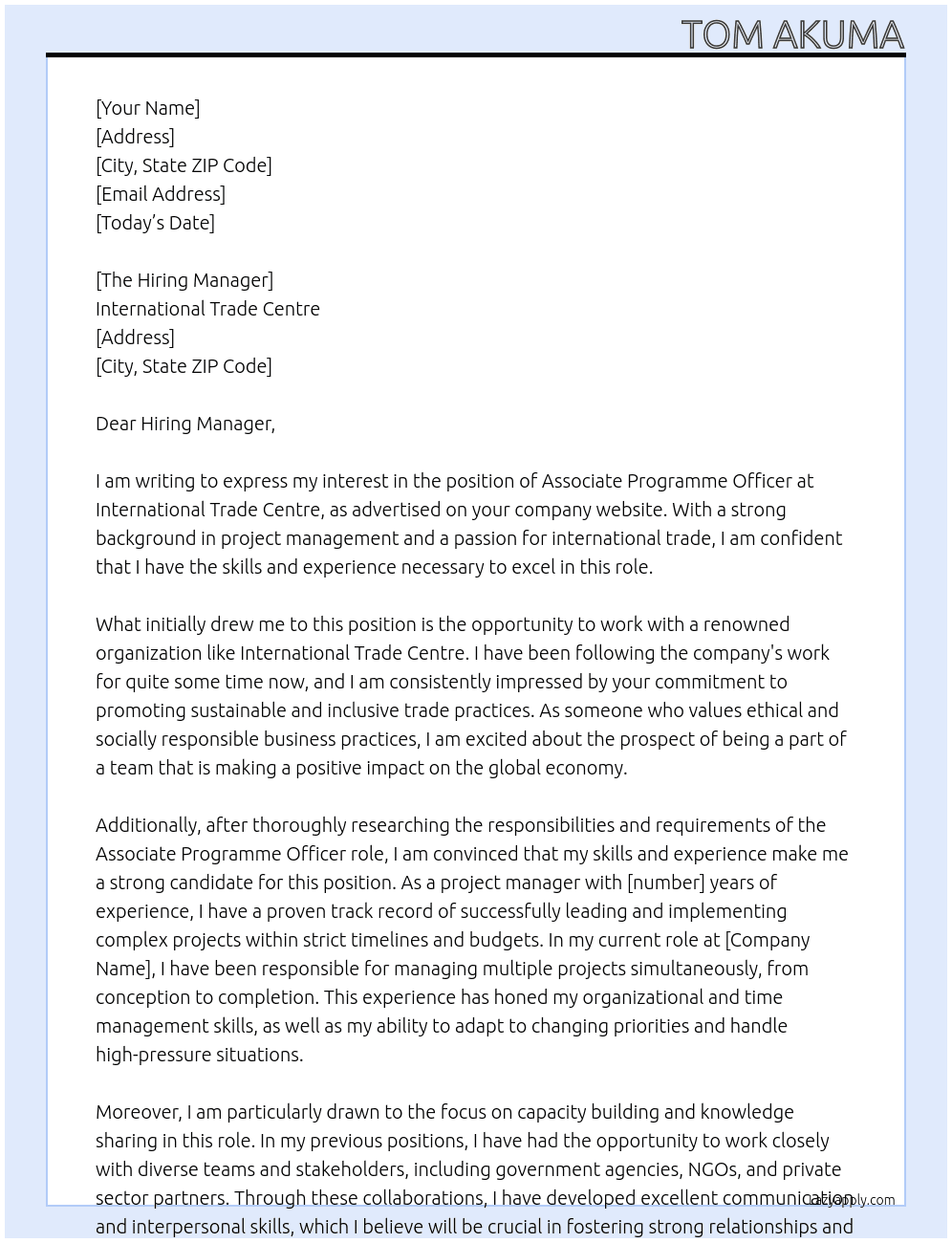 Associate Programme Officer At International Trade Centre Cover Letter