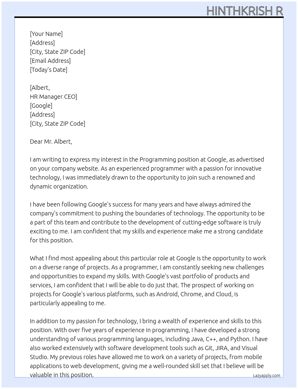 Programming At Google Cover Letter