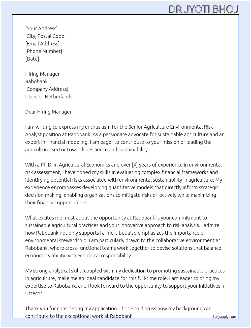 Senior Agriculture environmental risk analyst At Rabobank Cover Letter