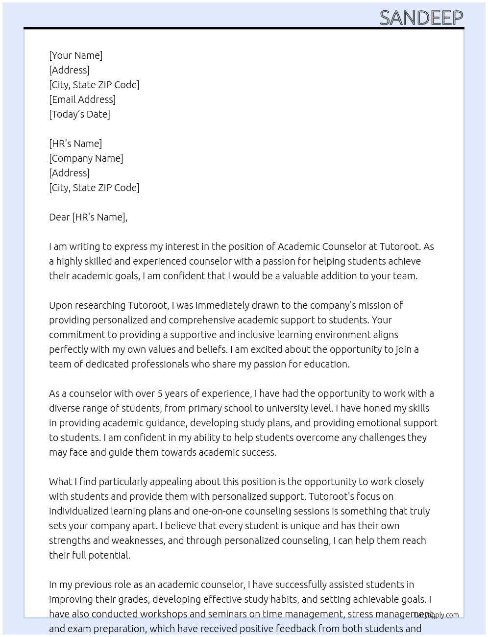 academic counsellor At tutoroot Cover Letter