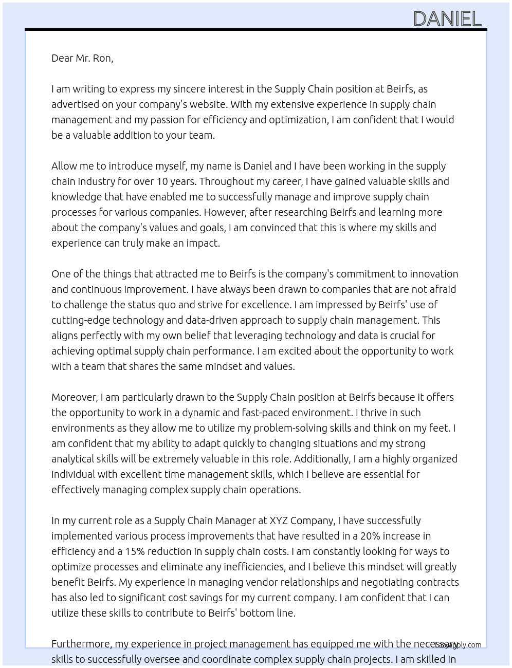 Supply chain At Beirfs Cover Letter