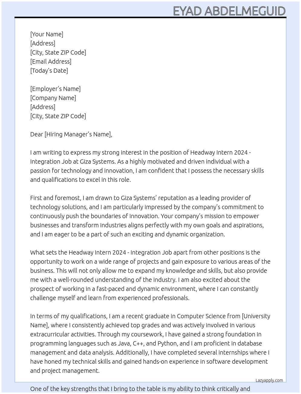 Headway Intern 2024 - Integration Job At Giza Systems Cover Letter