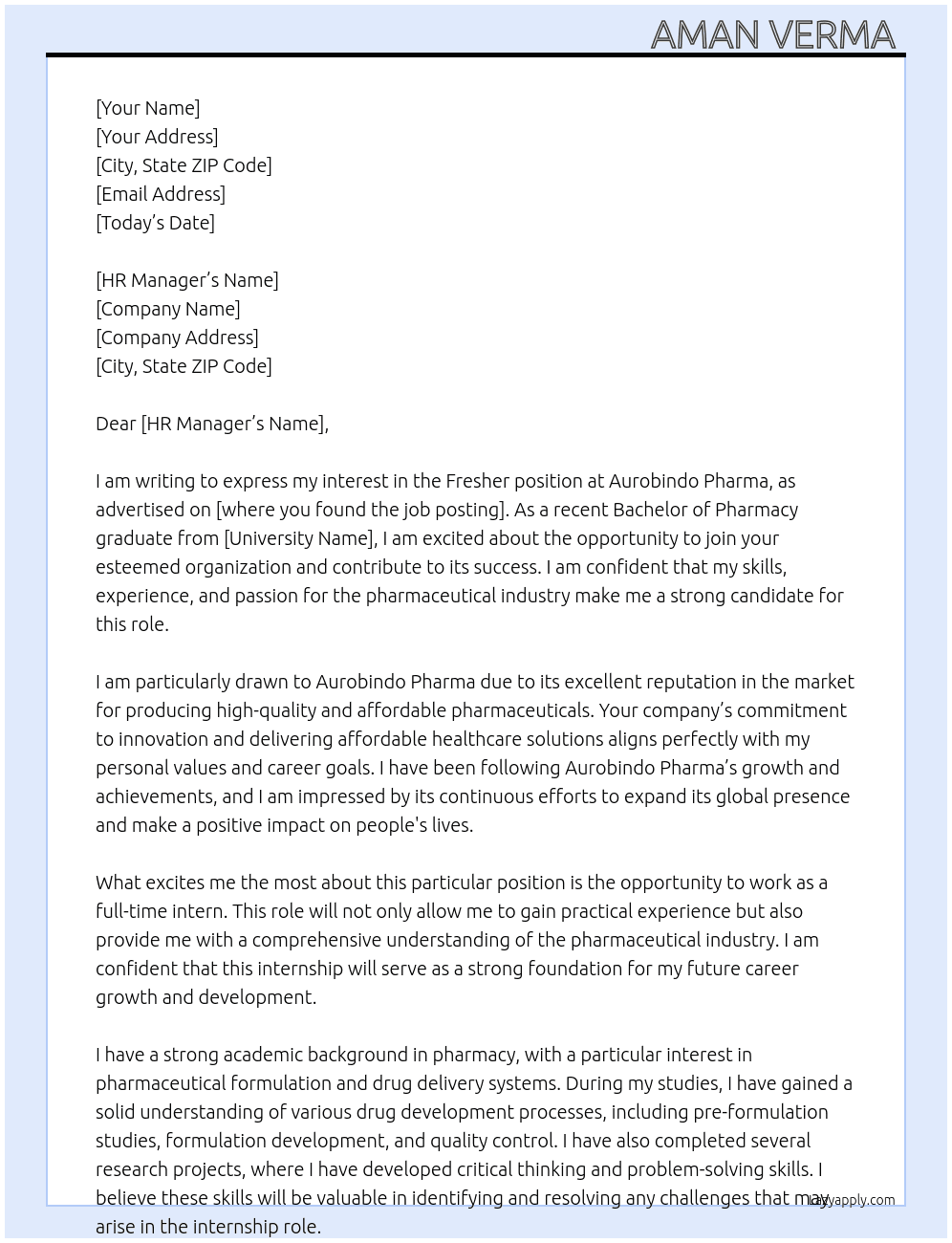 Fresher  At Aurobindo Pharma  Cover Letter