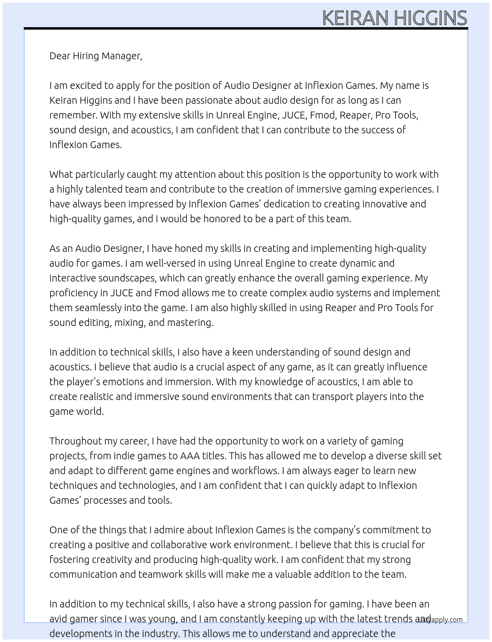 Audio Designer At Inflexion Games Cover Letter