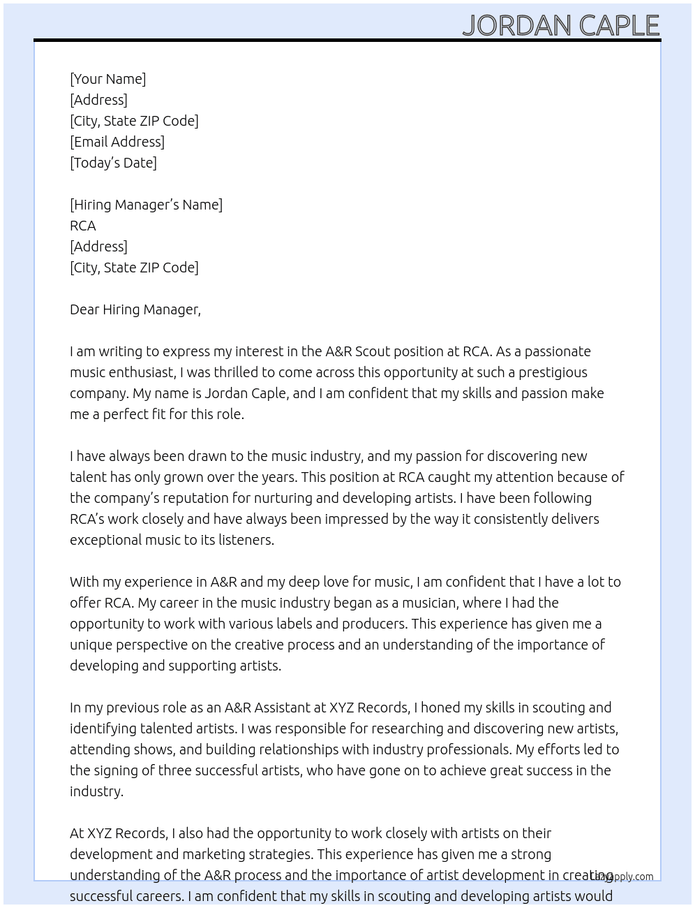 A&R Scout  At RCA  Cover Letter