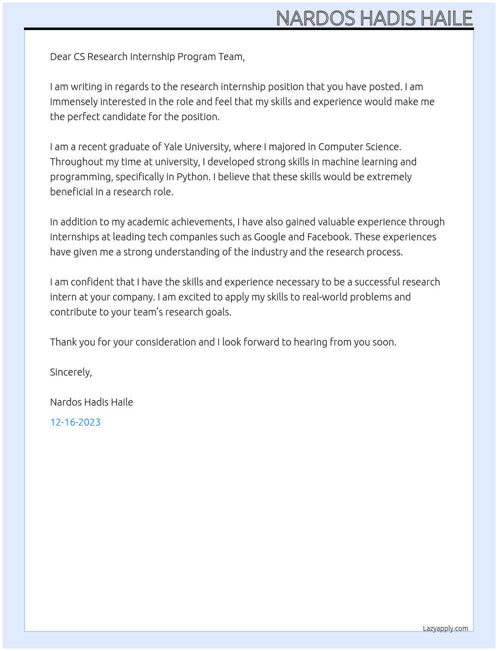 Research Intern At Yale University Cover Letter