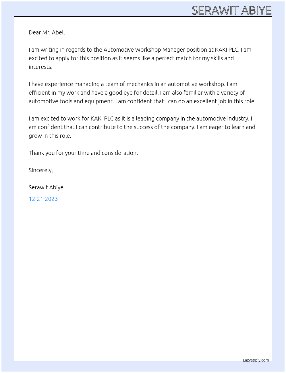 Automotive Workshop Manager At KAKI PLC Cover Letter