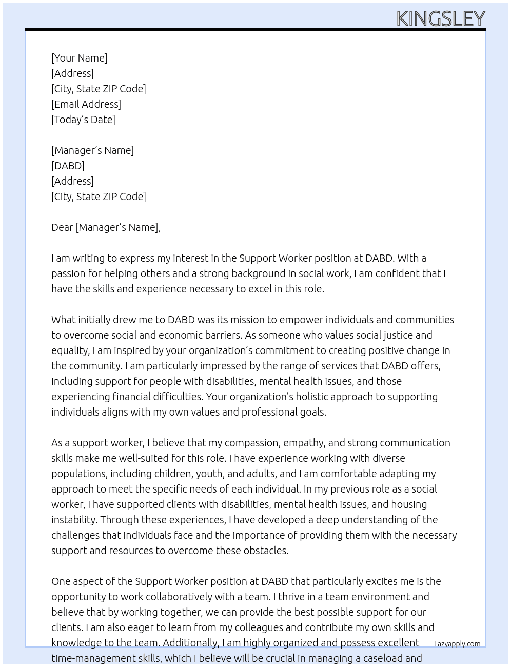 support worker At  DABD Cover Letter