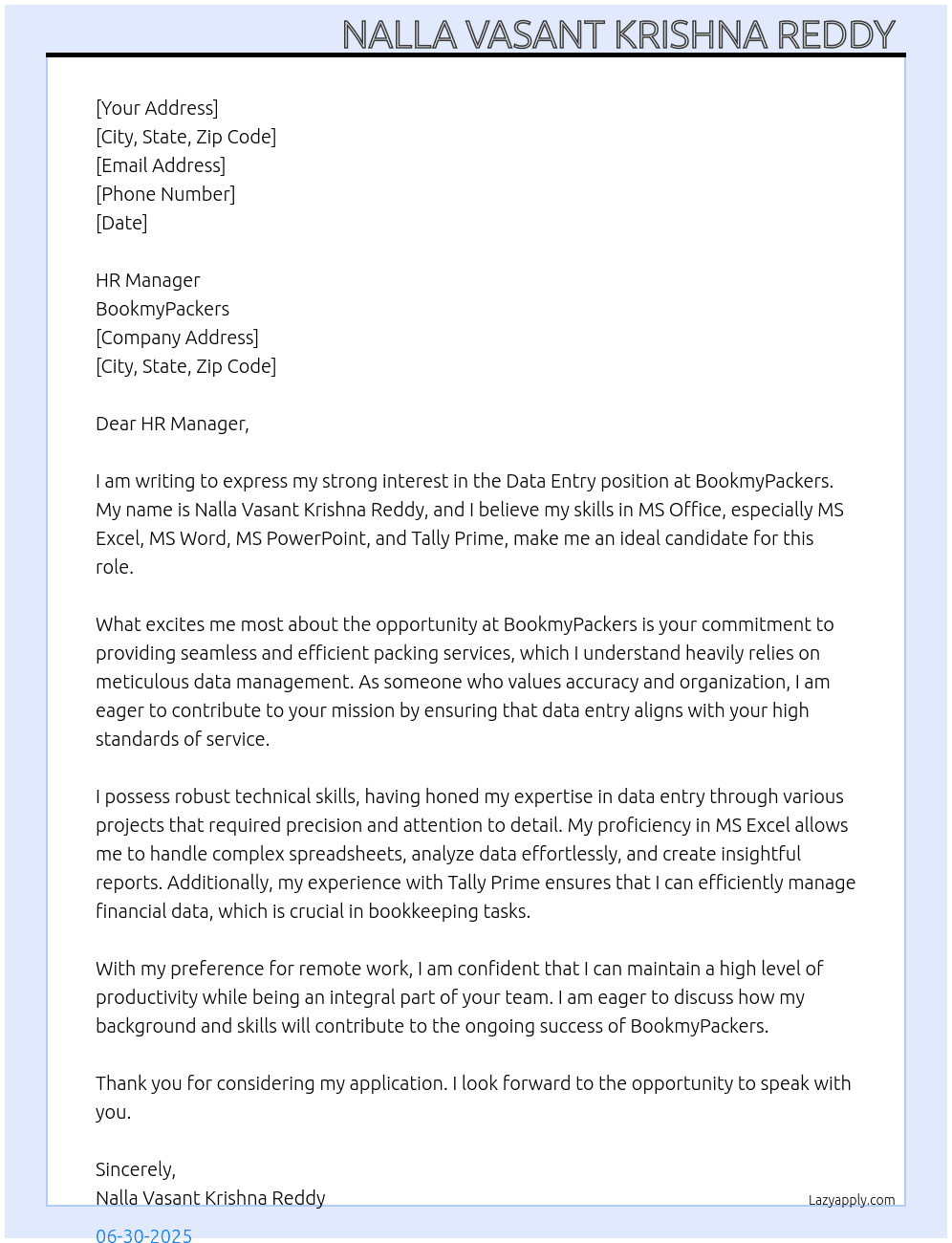 Data Entry  At BookmyPackers Cover Letter