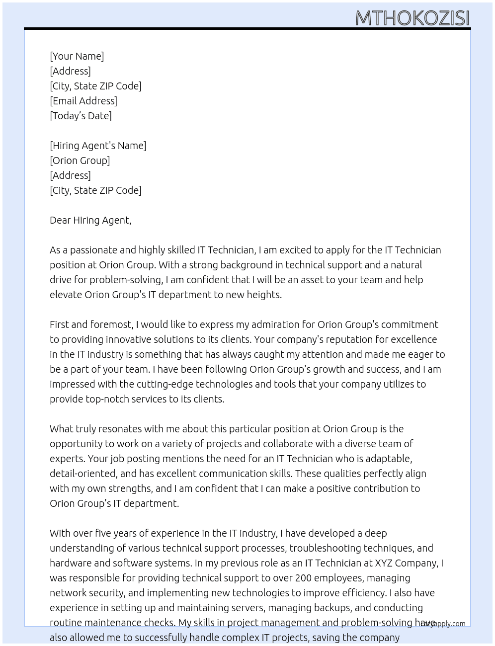 IT Technican At  Orion Group Cover Letter