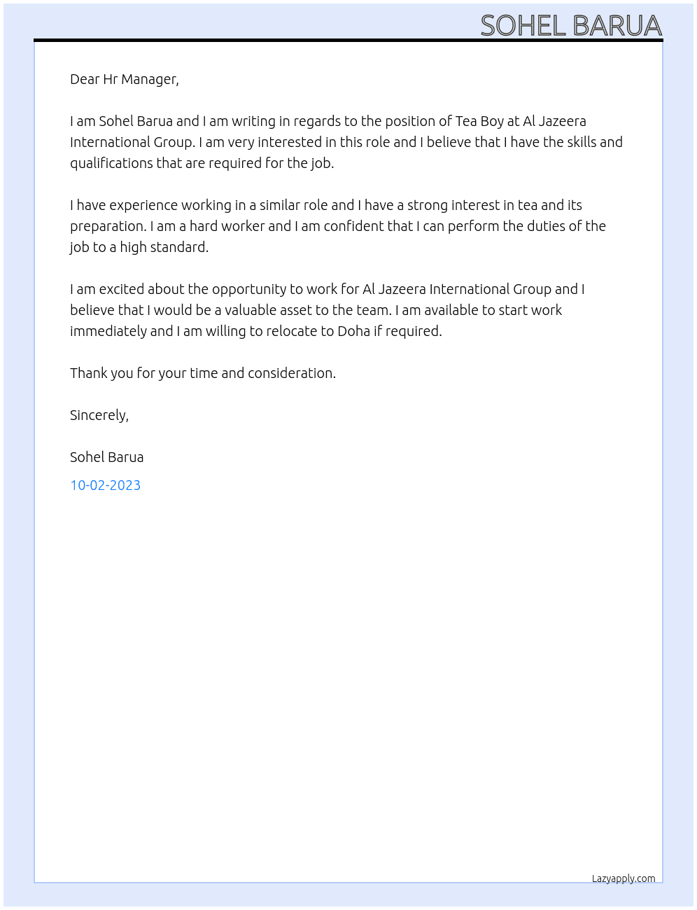 Tea Boy At Al Jazeera International Group Cover Letter