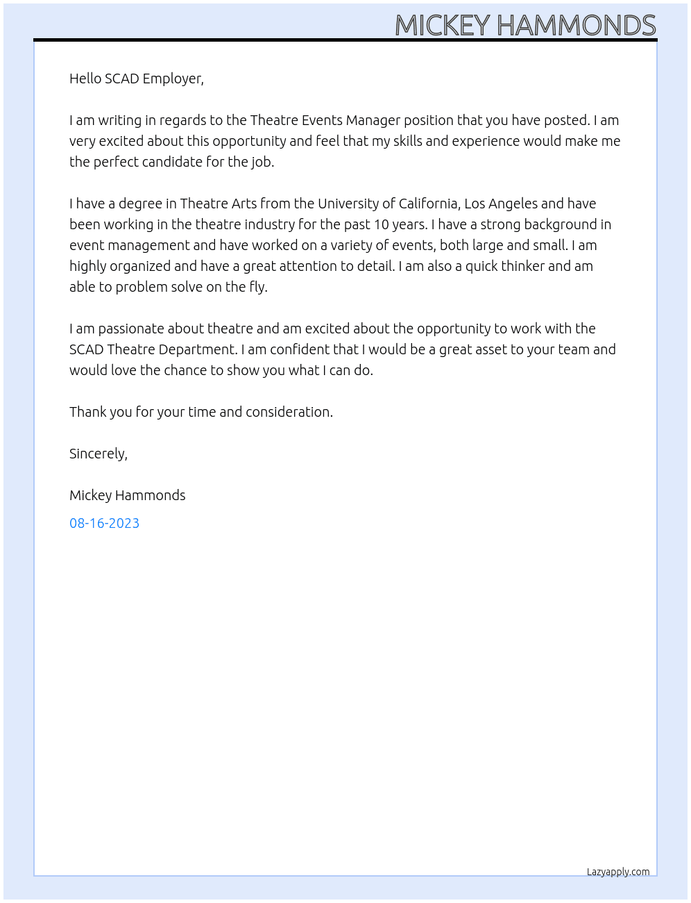 Theatre Events Manager At Savannah College of Art and Design Cover Letter