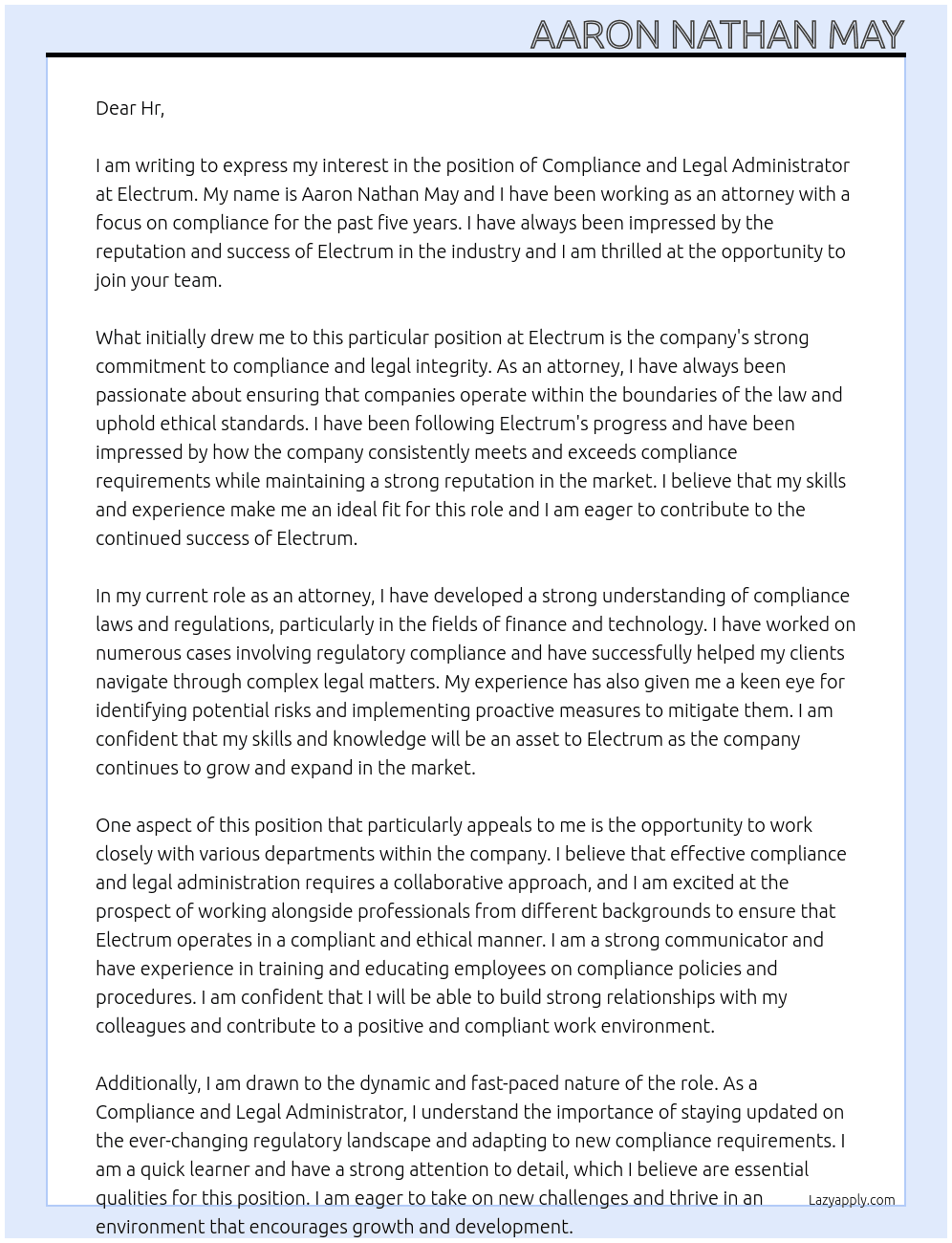 Compliance and Legal Administrator  At Electrum Cover Letter