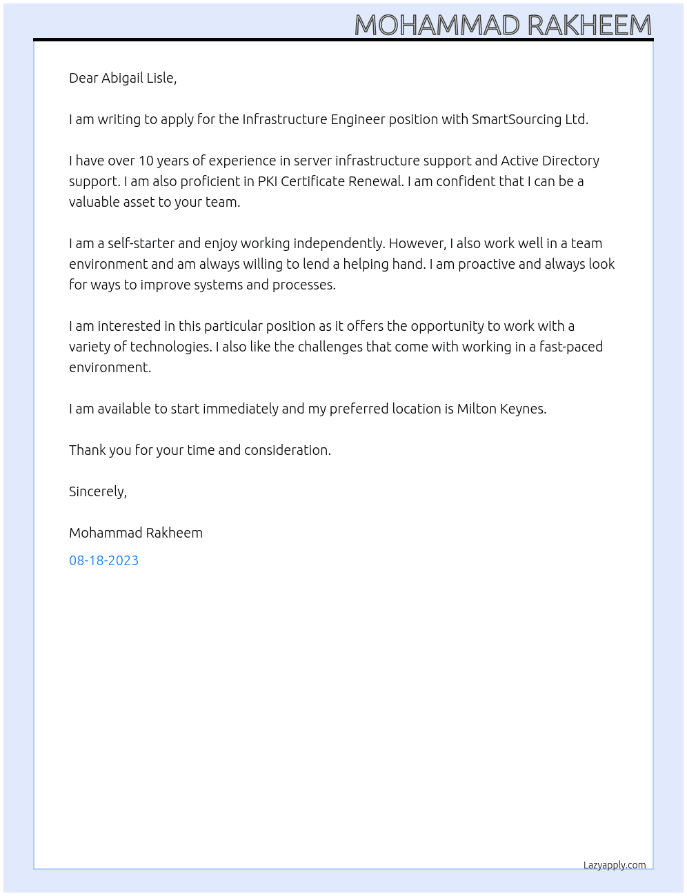 Infrastructure Engineer At SmartSourcing Ltd Cover Letter