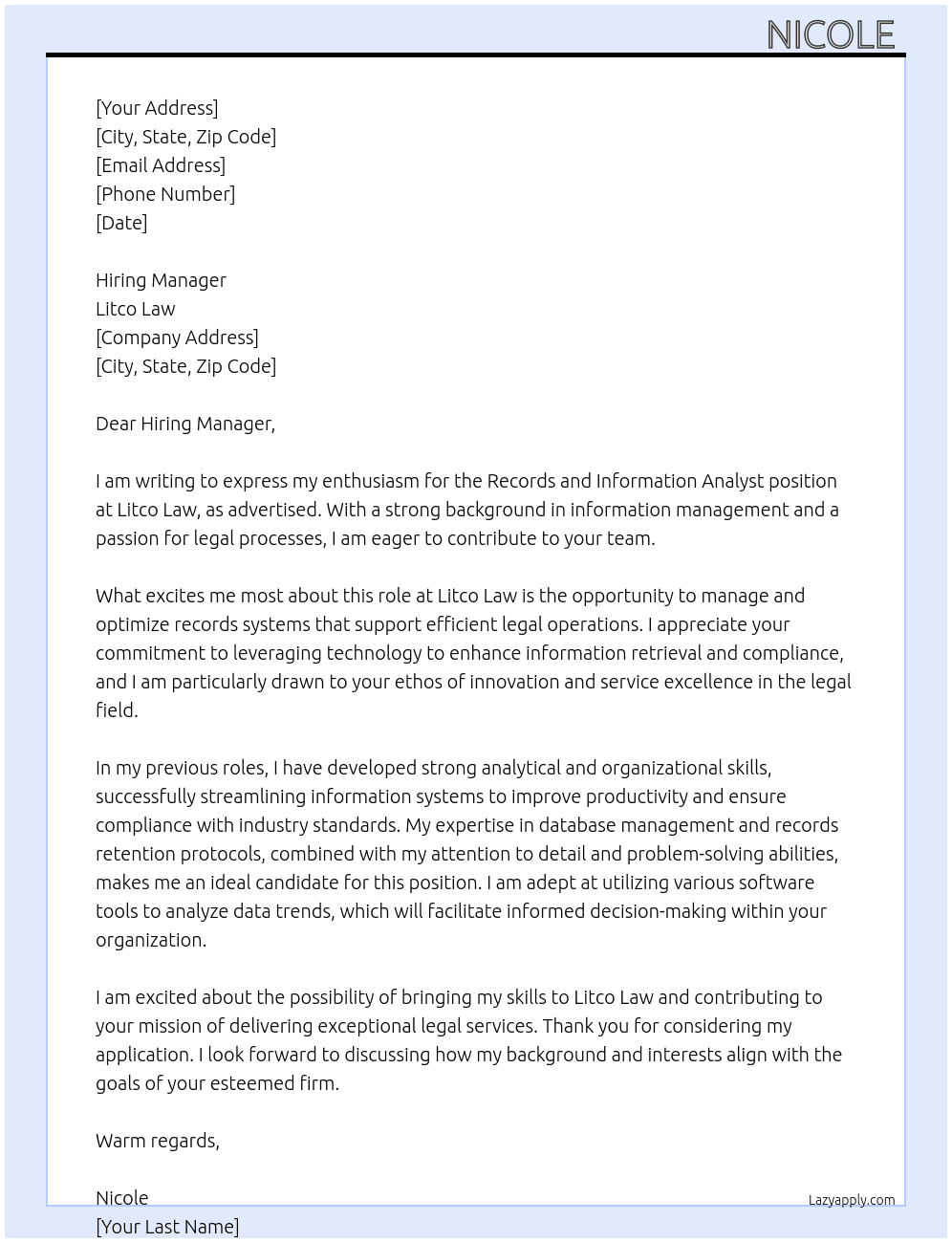 Cover letter for records and information analyst - LazyApply