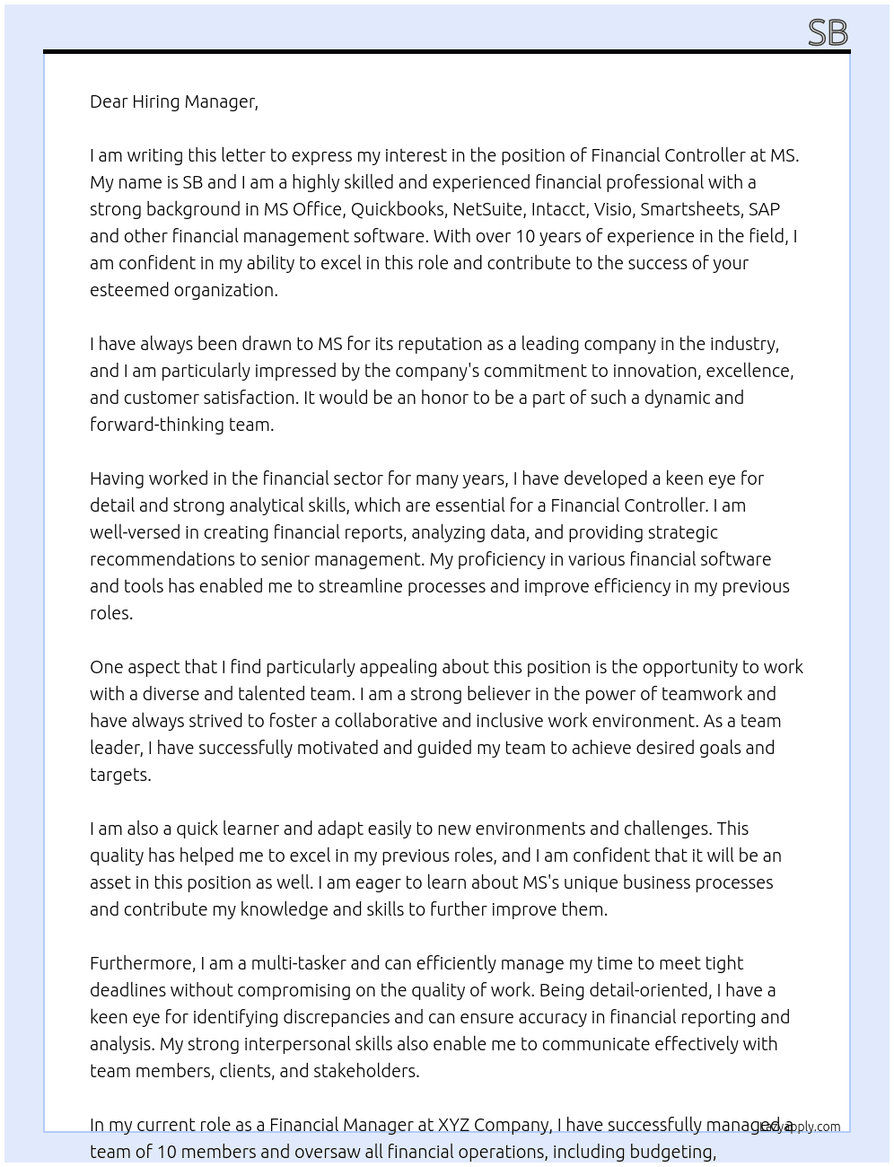 Financial Controller At MS Cover Letter