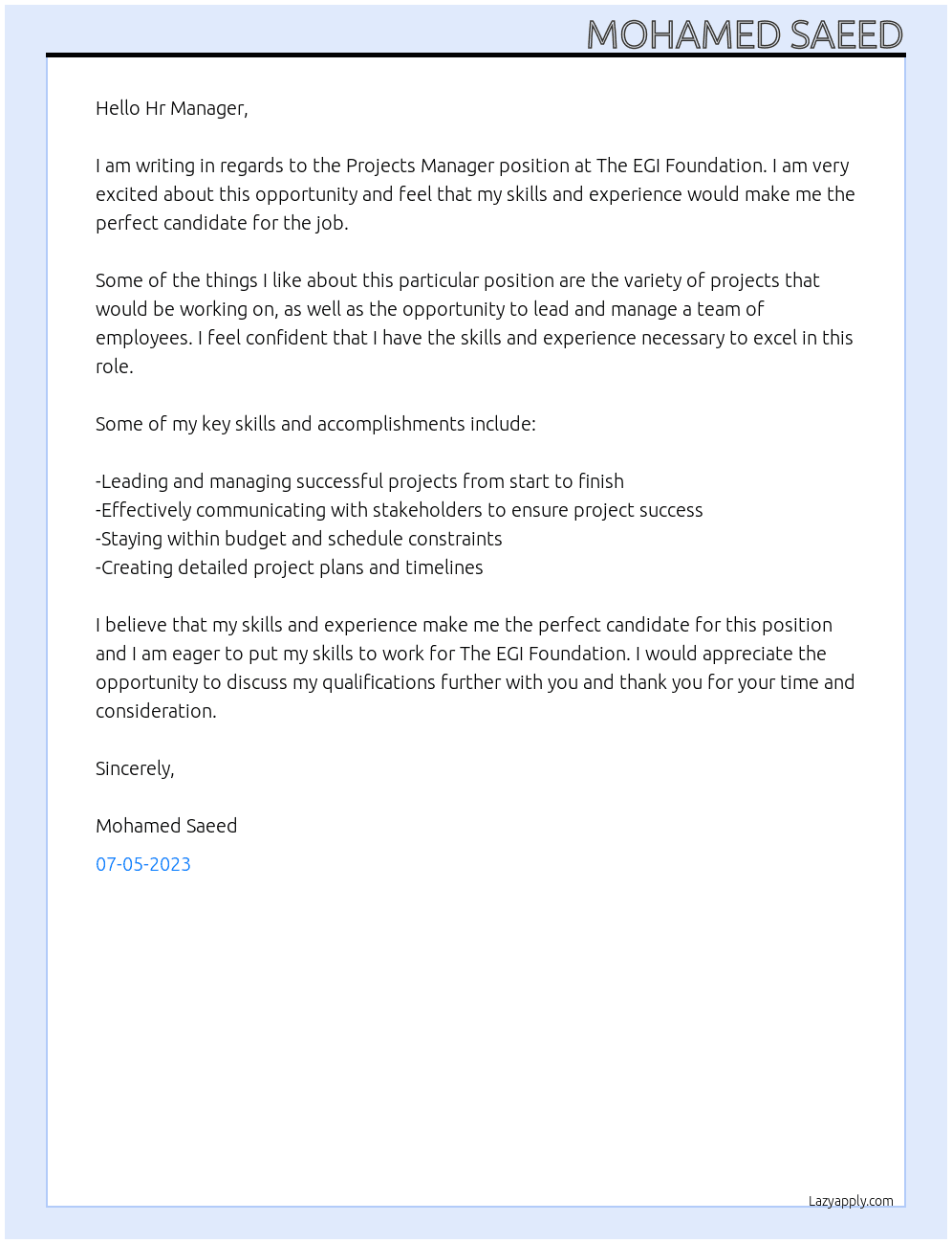 Projects Manager At The EGI Foundation Cover Letter