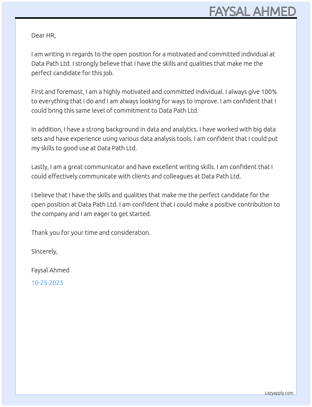 Motivated and committed  At Data Path Ltd. Cover Letter