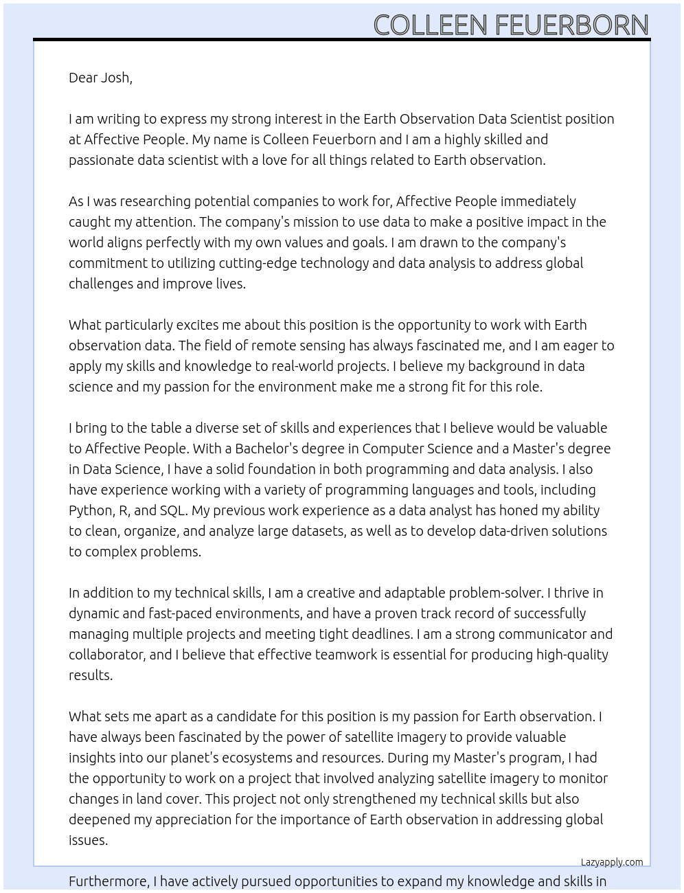 Earth Observation Data Scientist At Affective People Cover Letter